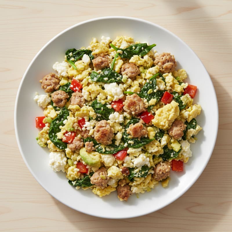 Cottage Cheese Scramble with Turkey Sausage and Spinach