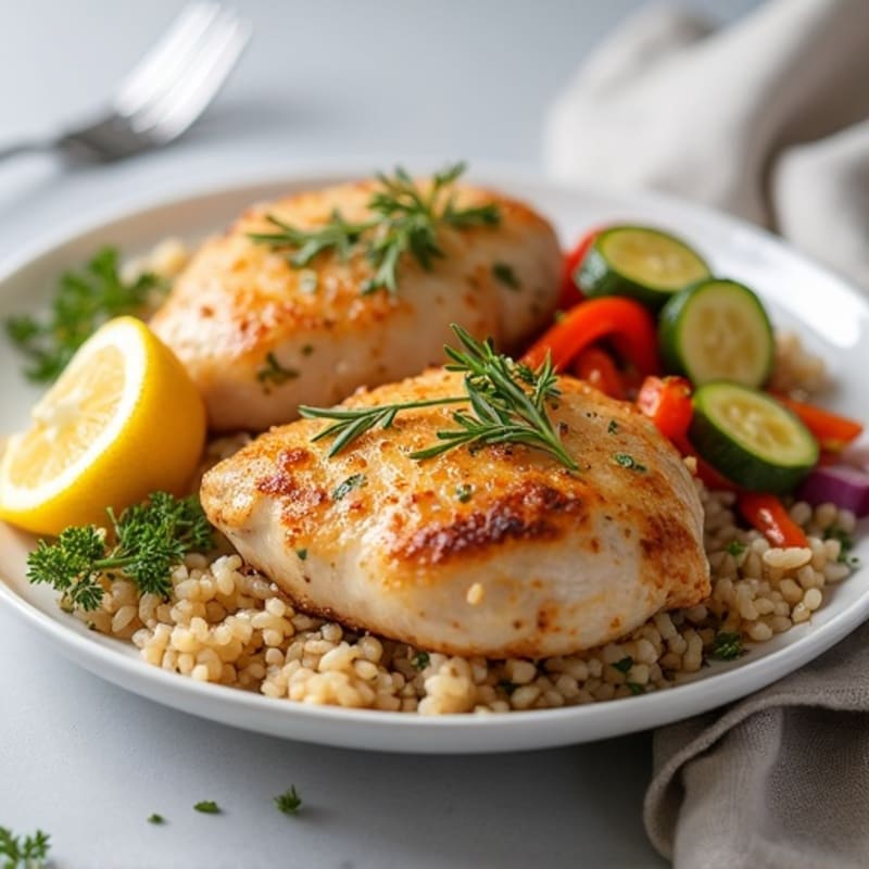 Lemon Herb Oven-Baked Chicken with Fluffy Brown Rice and Crispy Roasted Vegetables