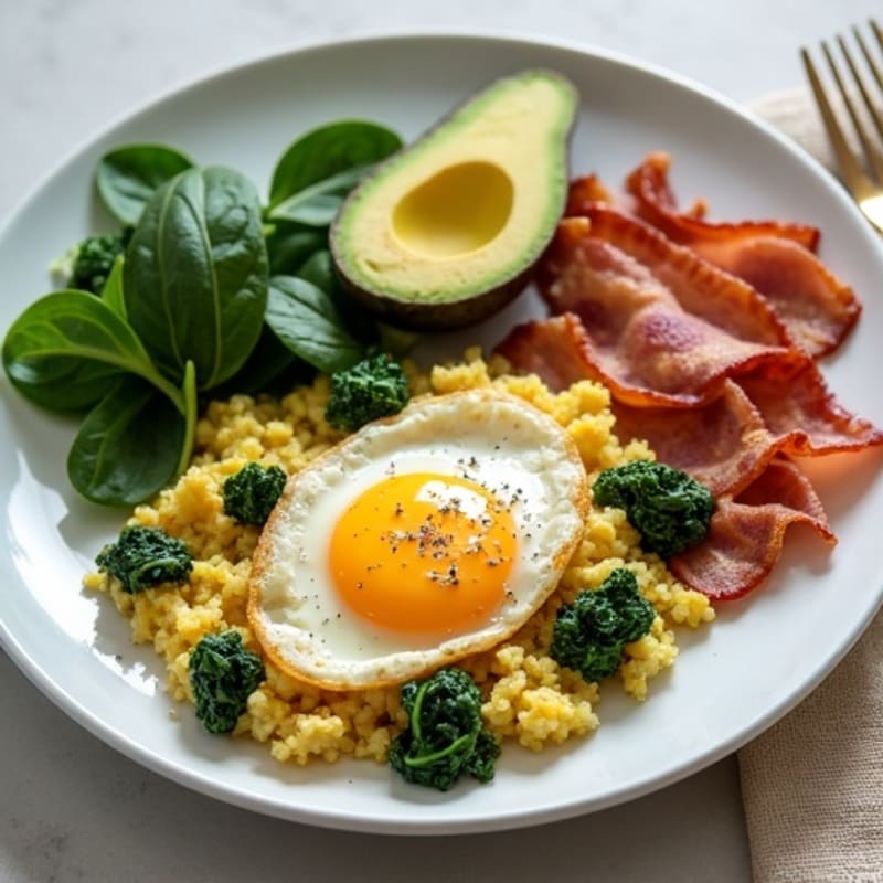 Crispy Turkey Bacon and Egg White Scramble with Sautéed Spinach