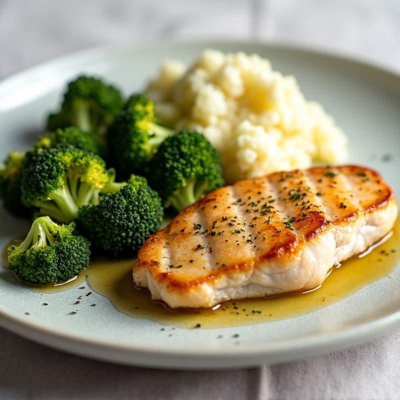 Pan-Seared Chicken Breast with Roasted Broccoli and Garlic Mashed Cauliflower