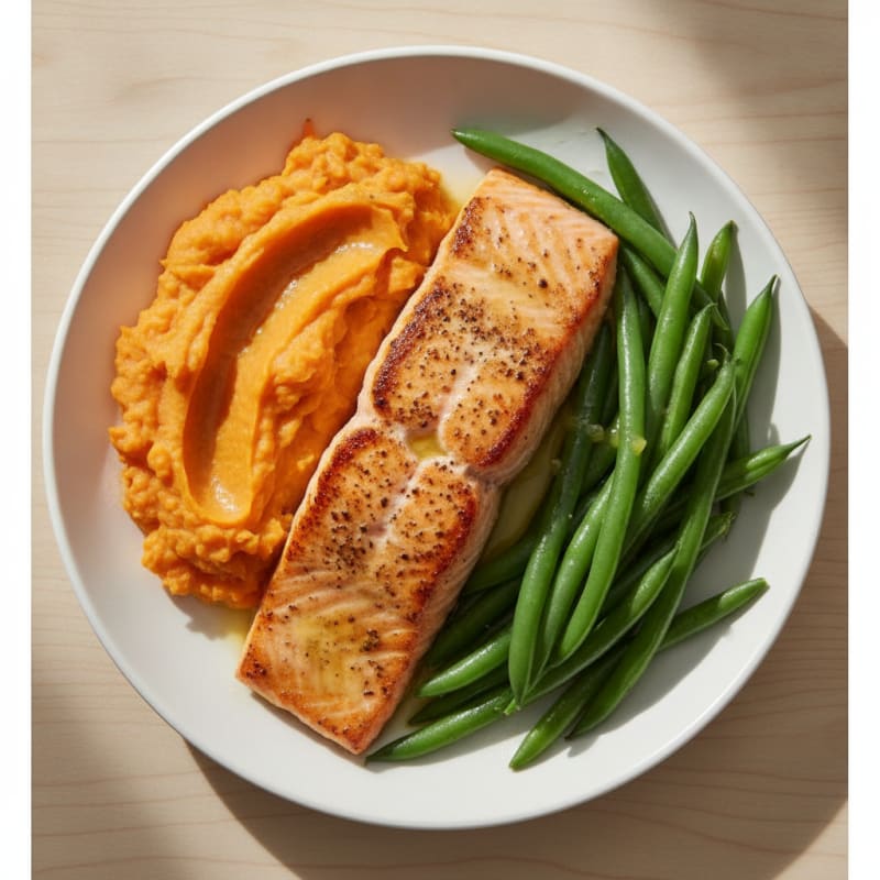 Seared Salmon with Steamed Green Beans and Sweet Potato Mash