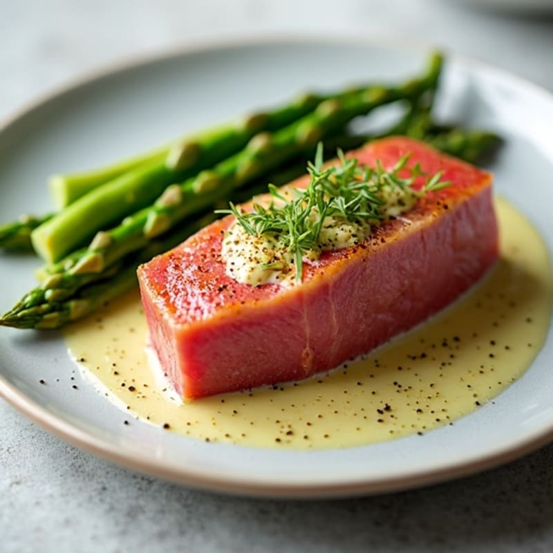 Seared Ahi Tuna with Creamy Wasabi Mayo and Roasted Asparagus