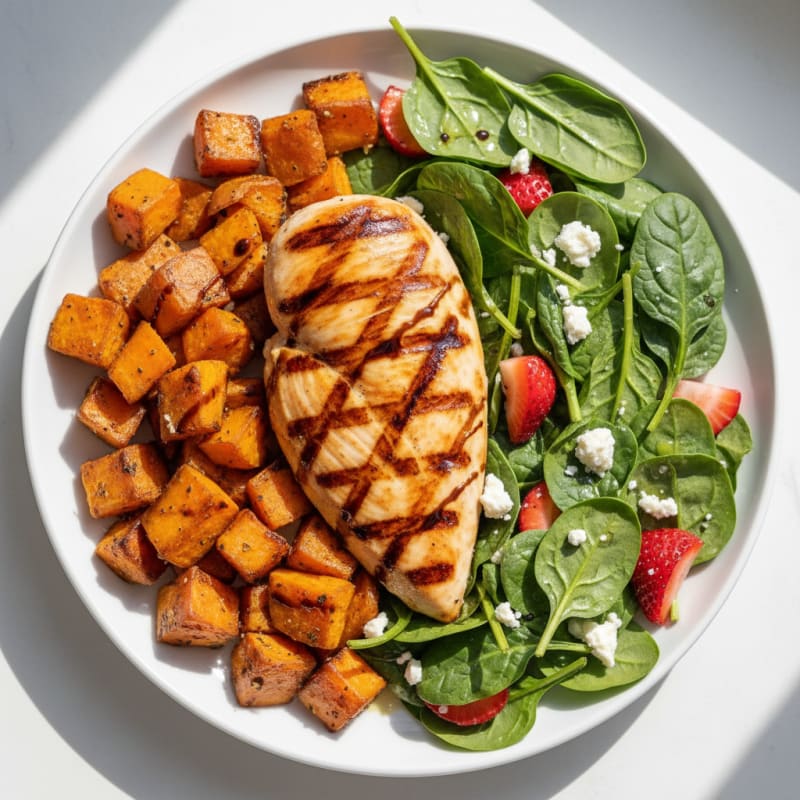 Grilled Chicken Breast with Roasted Sweet Potato and Spinach Salad with Feta