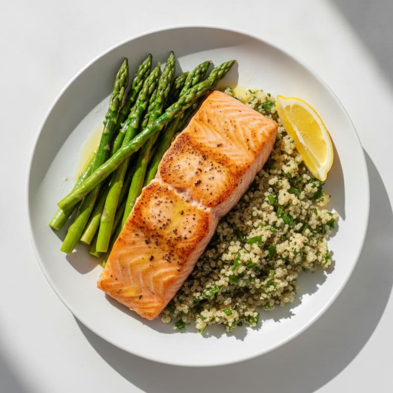 Seared Salmon with Steamed Asparagus and Herb Quinoa