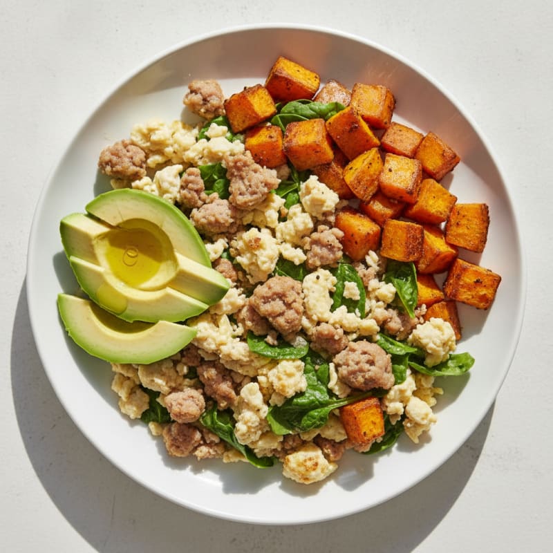 Egg White and Turkey Sausage Scramble with Roasted Sweet Potato