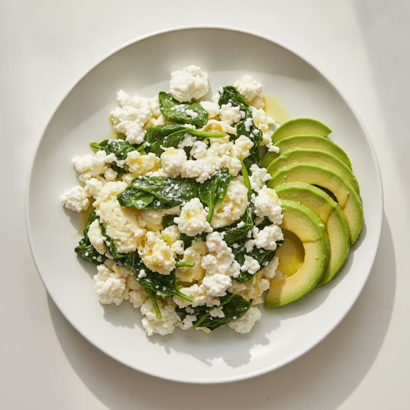 Egg White and Spinach Scramble with Cottage Cheese and Sliced Avocado