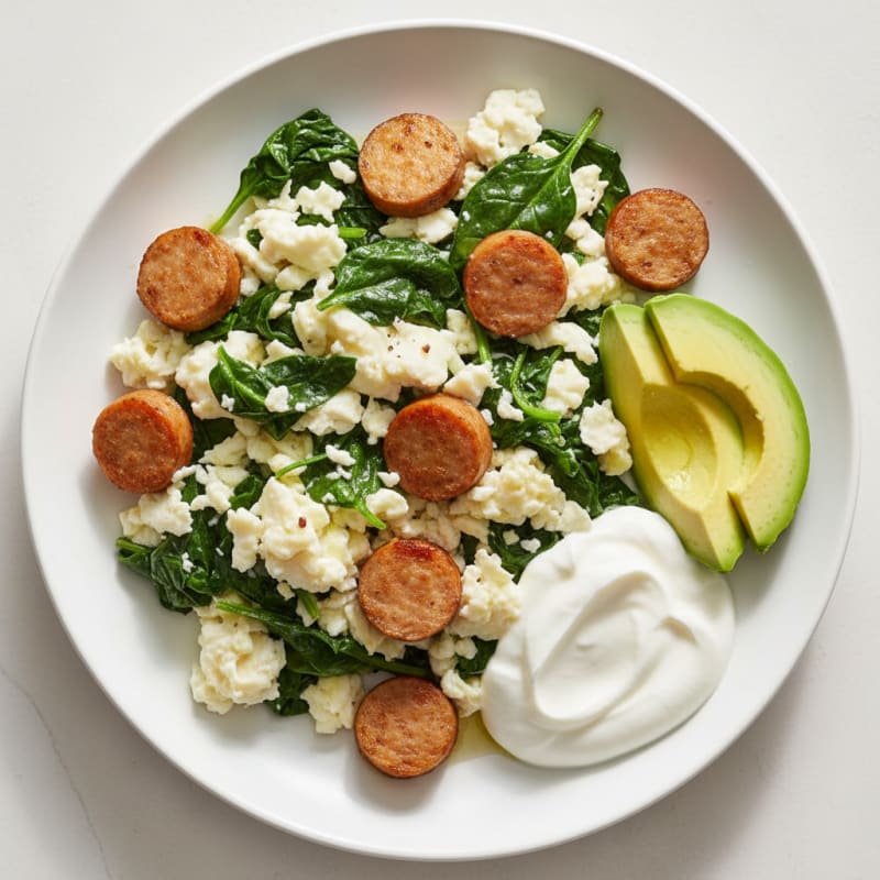 Egg White and Spinach Scramble with Turkey Sausage and Greek Yogurt