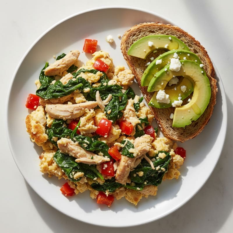 Chicken and Spinach Egg White Scramble with Roasted Peppers