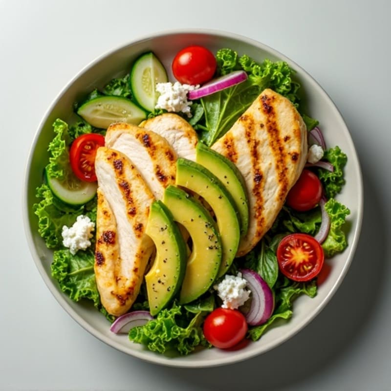 Crisp Greens and Creamy Avocado Salad with Zesty Grilled Chicken