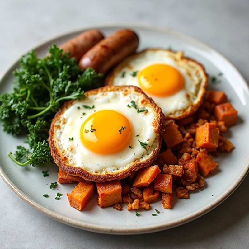 Crispy Fried Eggs with Sautéed Greens and Sweet Potato Hash