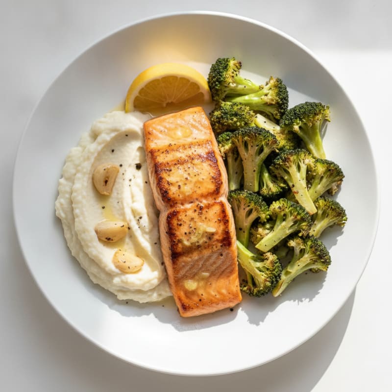 Seared Salmon with Roasted Broccoli and Garlic Mash