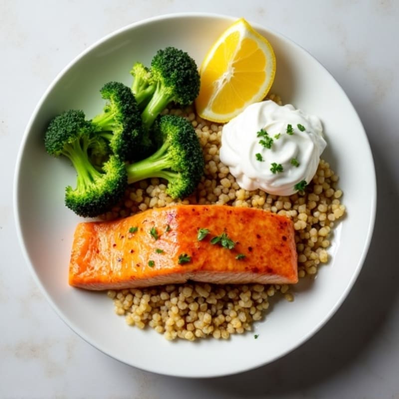 Seared Salmon Filet with Steamed Broccoli, Quinoa & Lemon Drizzle