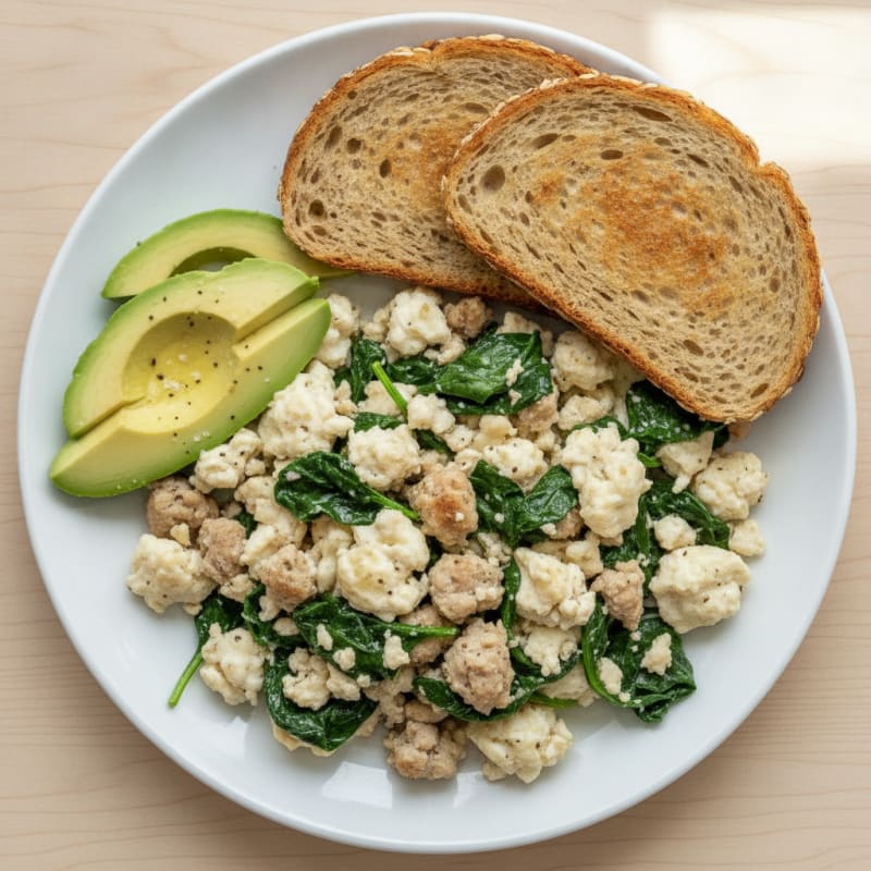 Egg White and Turkey Sausage Scramble with Sautéed Spinach