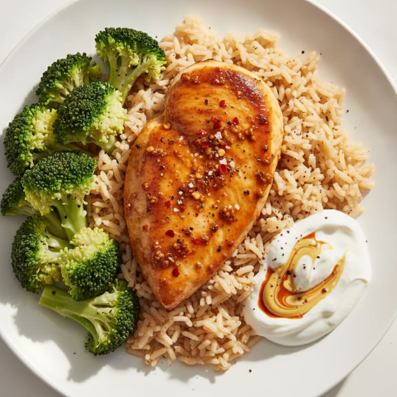 Spicy Chicken with Brown Rice and Mustard Sauce