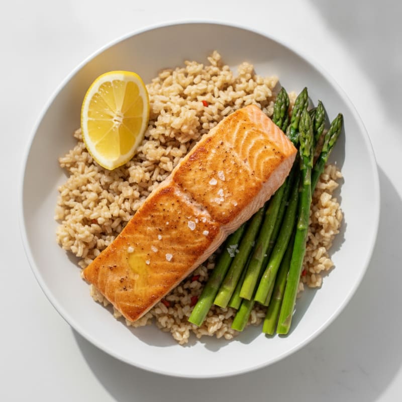 Seared Salmon with Steamed Asparagus and Brown Rice