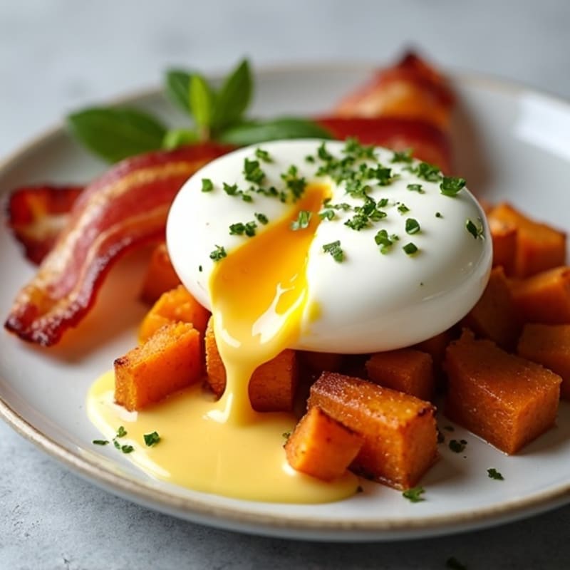 Poached Eggs with Roasted Sweet Potato, Crispy Turkey Bacon, and Creamy Lemon-Garlic Sauce