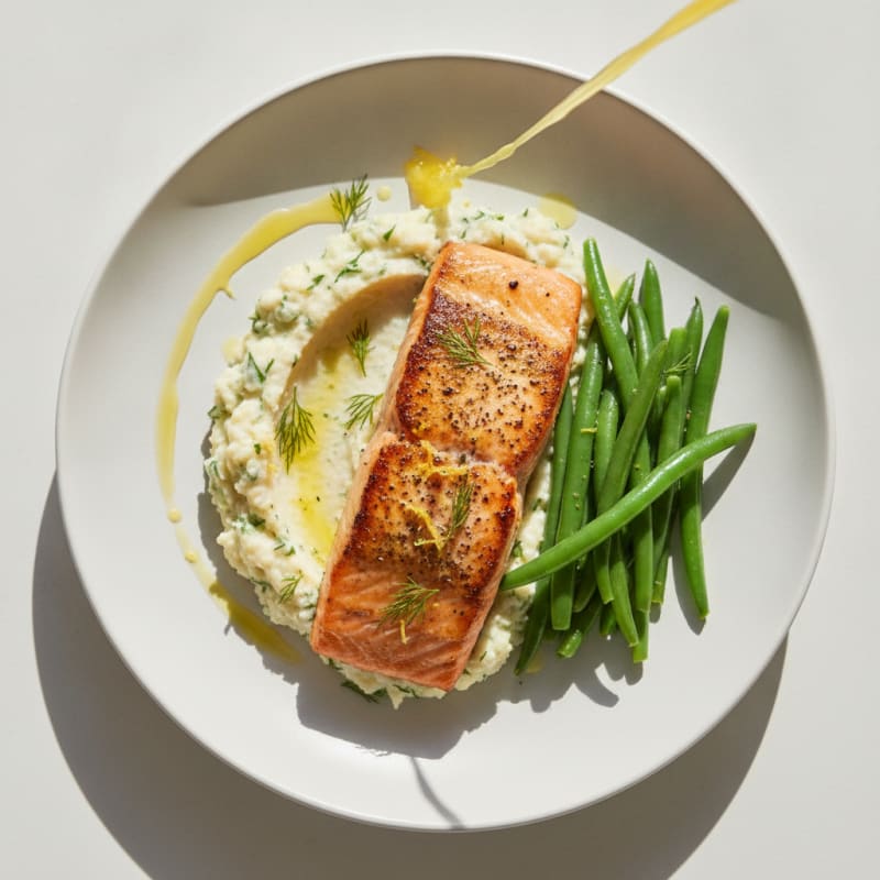 Seared Salmon with Steamed Green Beans and Herb-Cauliflower Mash