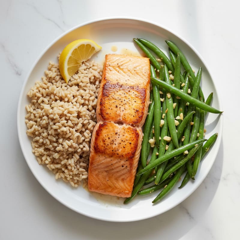 Seared Salmon with Garlic Green Beans and Brown Rice