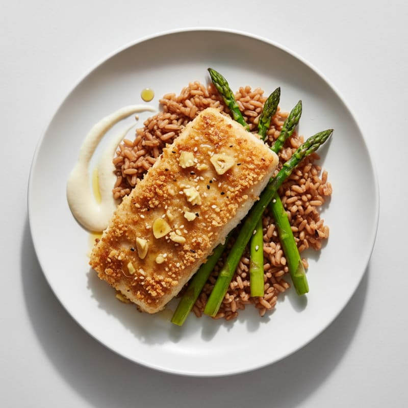 Crispy Baked Miso Glazed Cod with Asparagus and Brown Rice