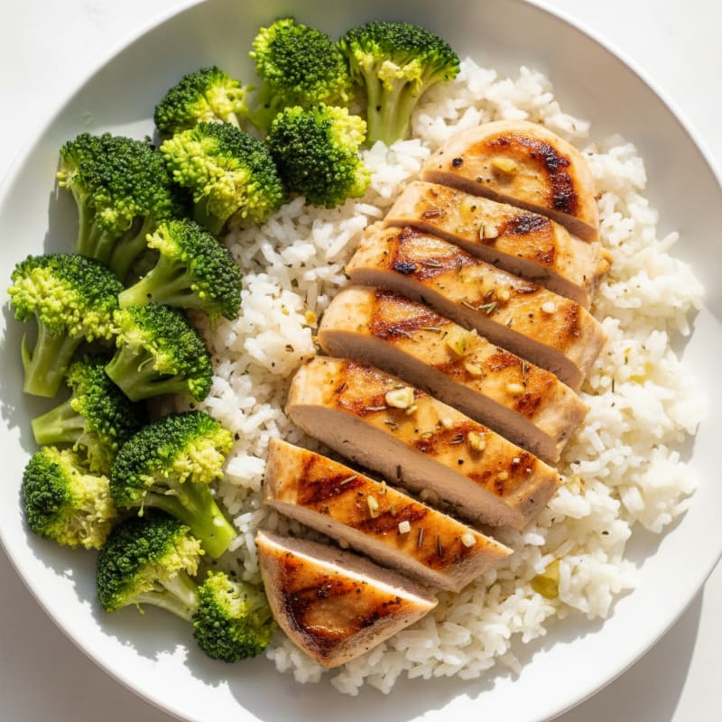 Grilled Chicken Breast with Steamed Rice and Broccoli
