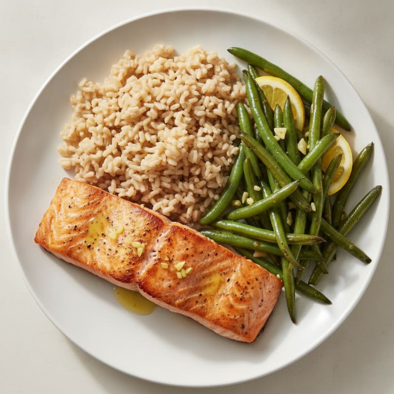 Seared Salmon with Garlic Green Beans and Brown Rice