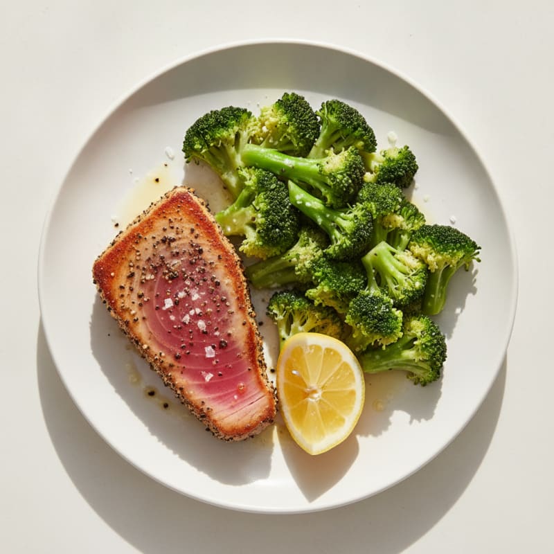 Seared Tuna Steak with Steamed Broccoli and Lemon
