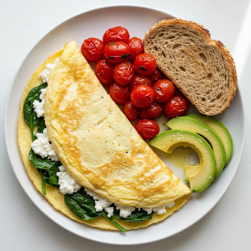 Egg White Spinach Omelette with Cottage Cheese and Sautéed Tomatoes