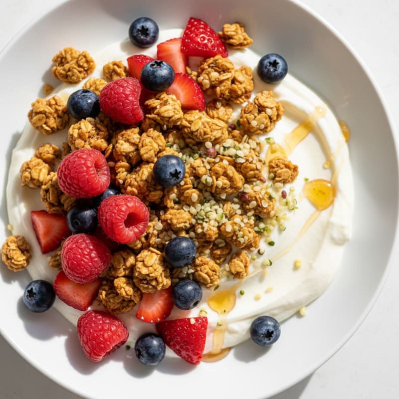 Silky Greek Yogurt Bowl with Protein Granola and Mixed Berries