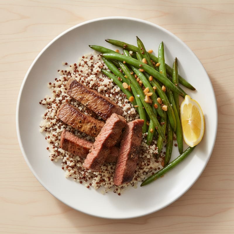 Seared Beef Strips with Garlic Green Beans and Quinoa