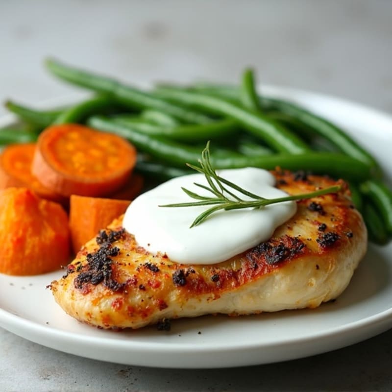 Herb-Roasted Chicken Breast with Roasted Sweet Potato and Green Beans