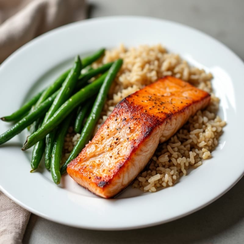 Seared Salmon Fillet with Garlic Green Beans and Brown Rice