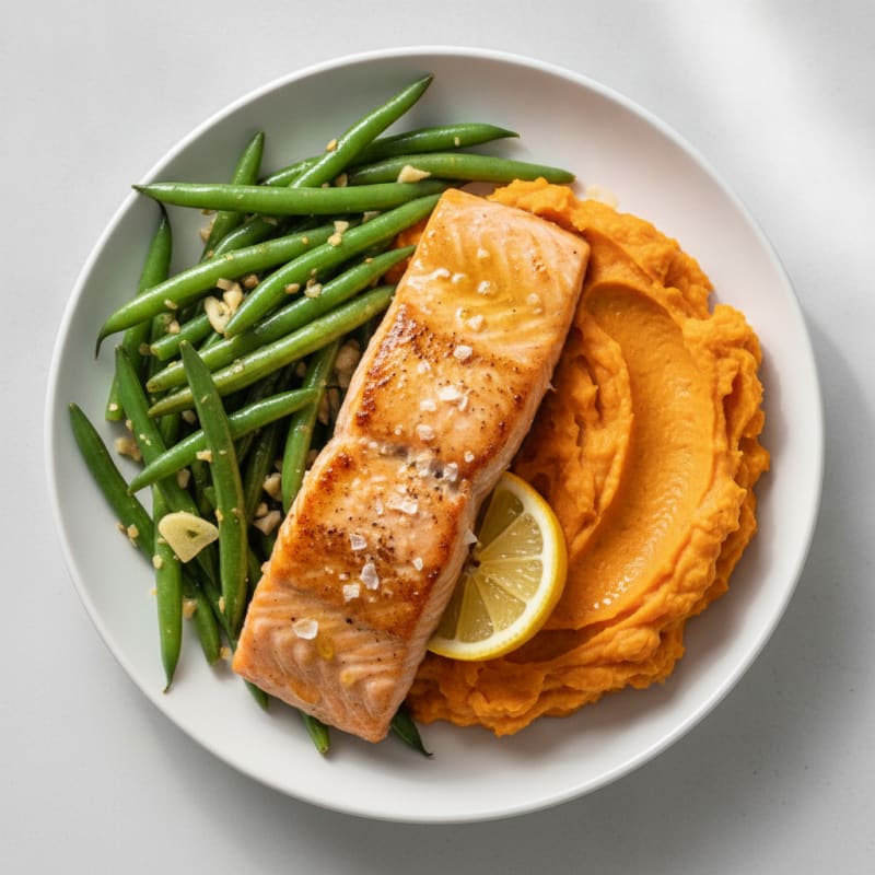 Seared Salmon with Garlic Green Beans and Sweet Potato Mash