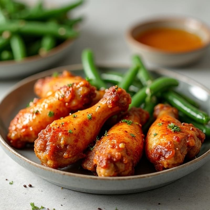 Crispy Honey Garlic Baked Chicken Wings with Roasted Green Beans