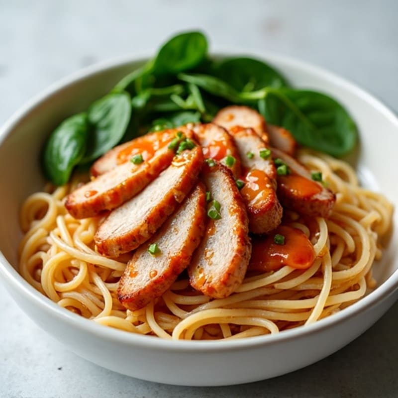 Spicy Peanut Pork Noodles with Wilted Greens