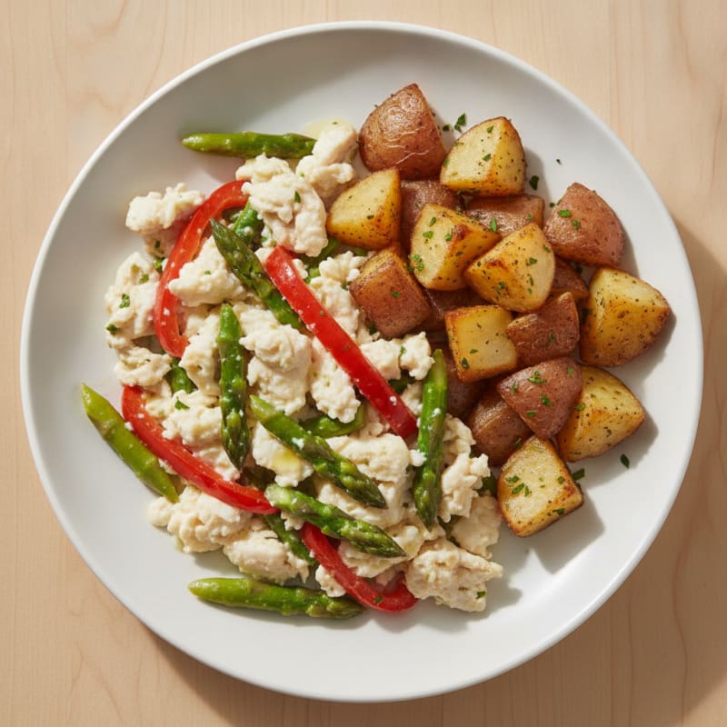 Egg White and Chicken Veggie Scramble with Roasted Potatoes