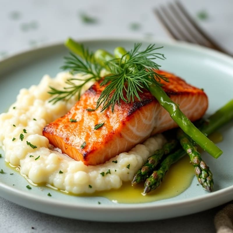 Seared Salmon Fillet with Steamed Asparagus and Herb-Cauliflower Mash