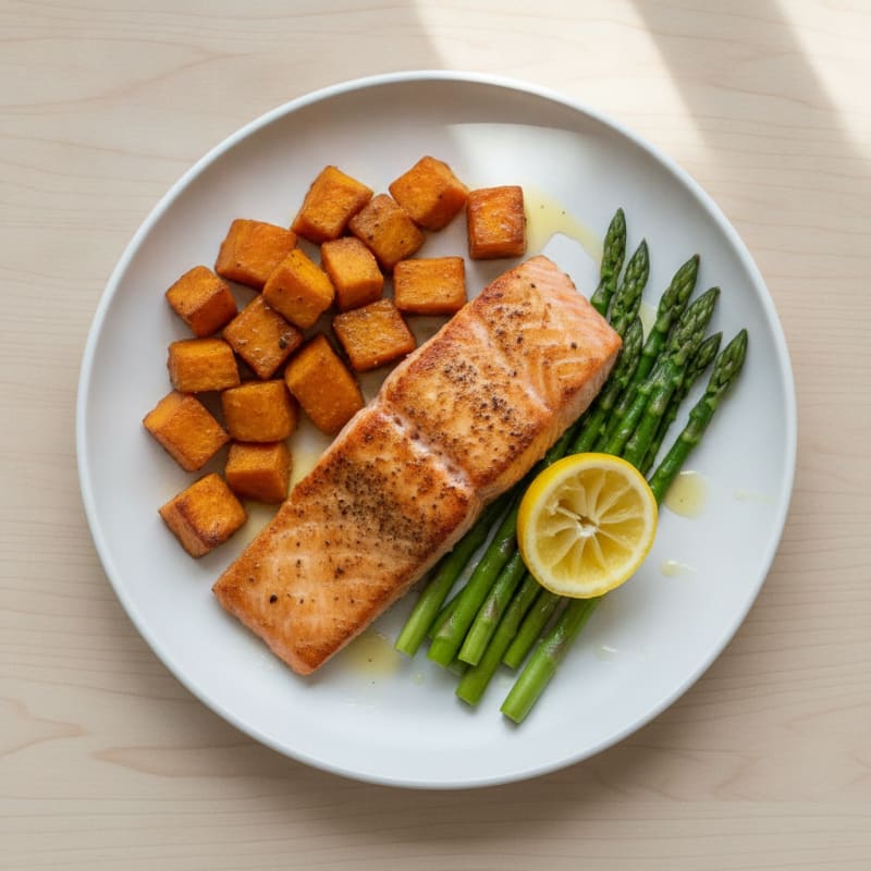 Seared Salmon Fillet with Roasted Sweet Potato and Asparagus
