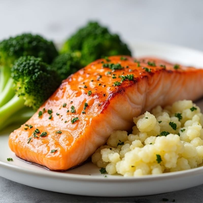 Seared Salmon with Roasted Broccoli and Garlic Mashed Cauliflower