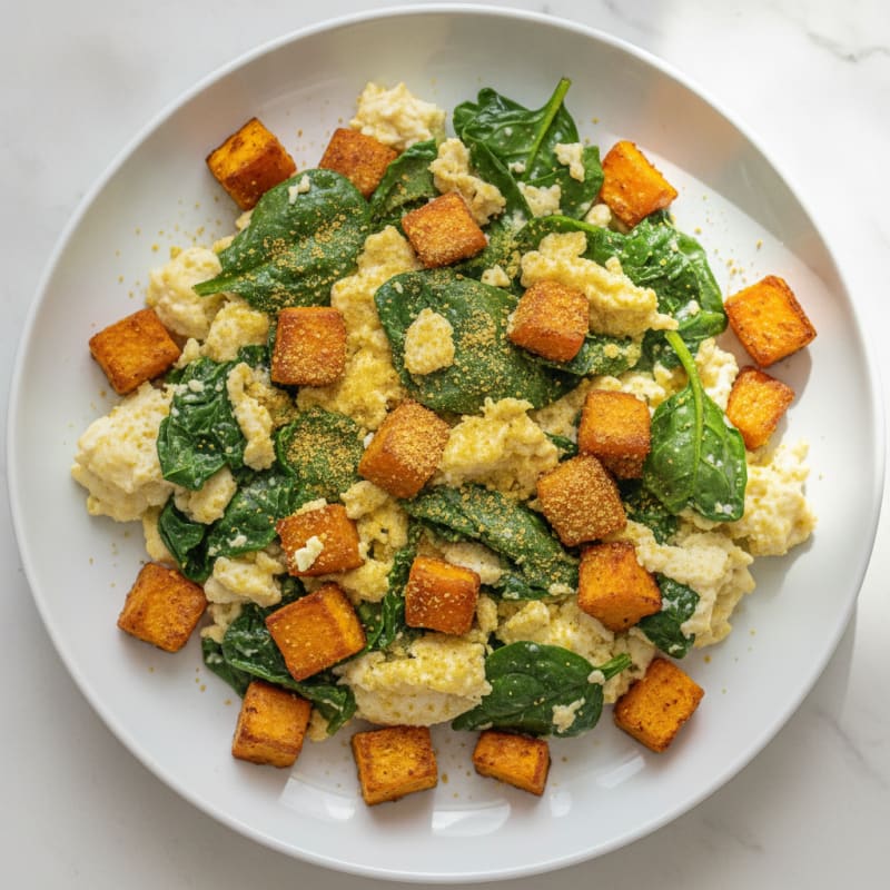 Egg White and Spinach Scramble with Roasted Sweet Potato Cubes