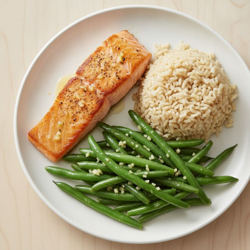 Seared Salmon with Garlic Green Beans and Brown Rice