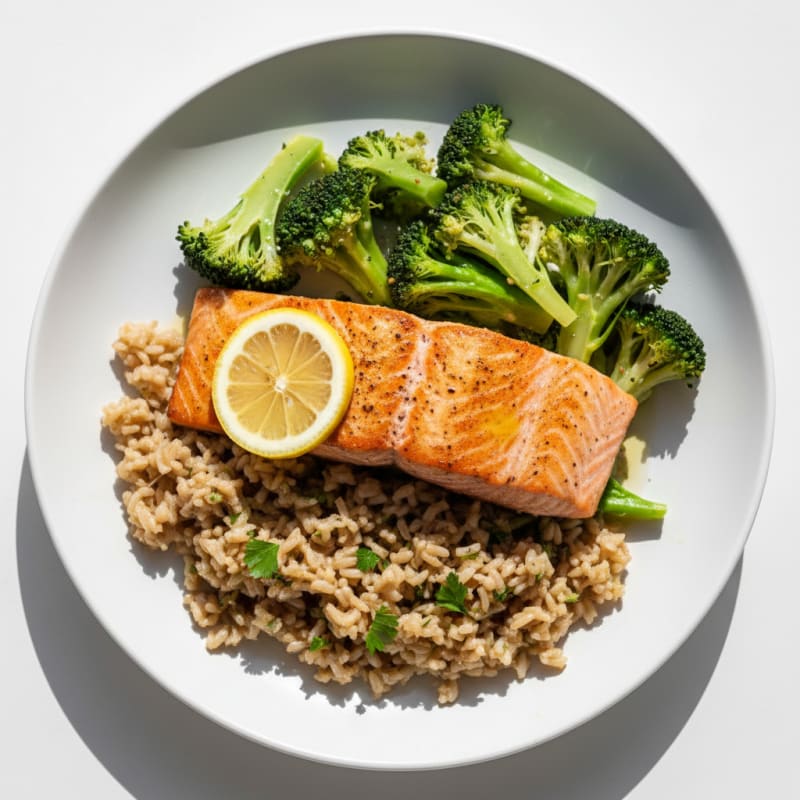 Seared Salmon with Steamed Broccoli and Herb Brown Rice