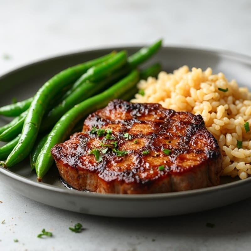 Seared Sirloin Steak with Garlic Green Beans and Brown Rice