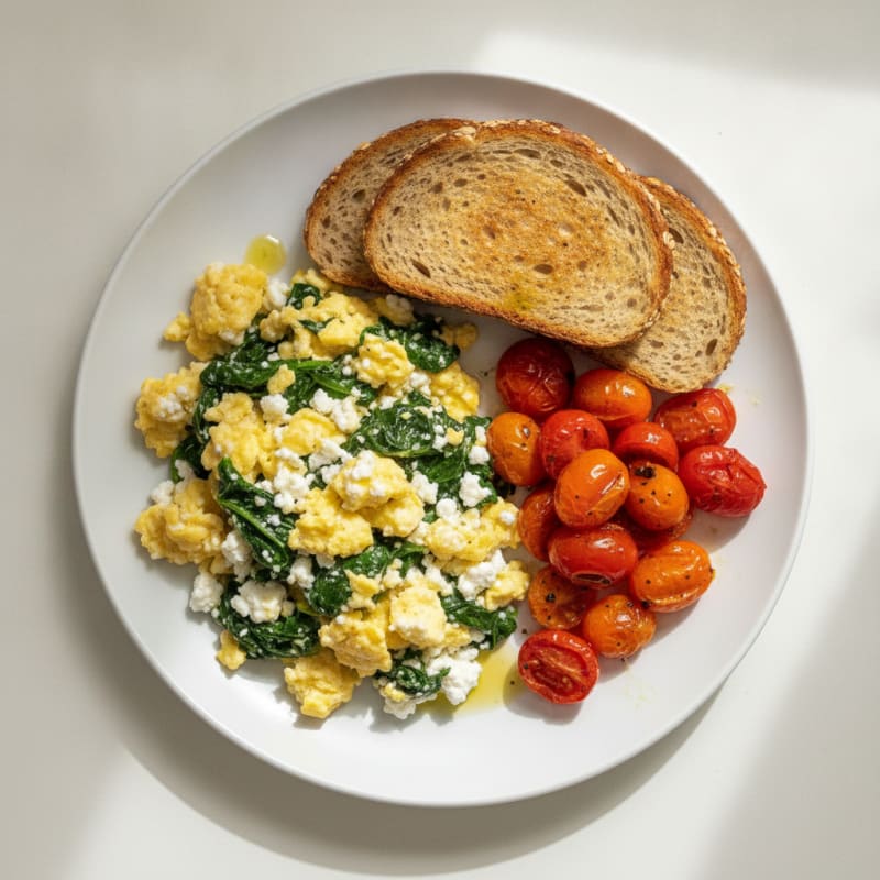 Cottage Cheese and Egg Scramble with Spinach and Cherry Tomatoes