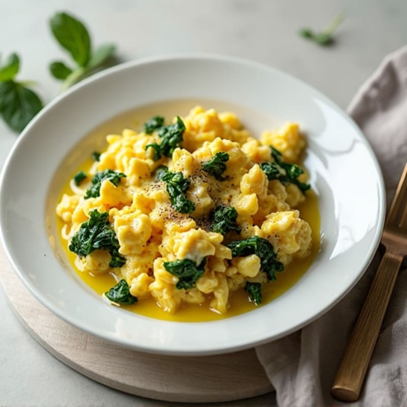 Scrambled Eggs with Cottage Cheese and Sautéed Spinach
