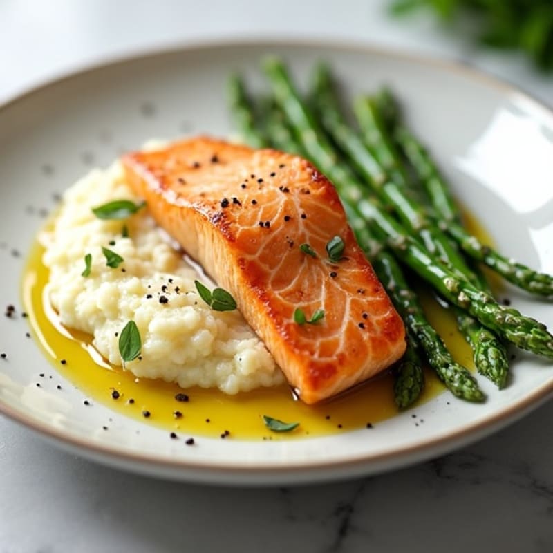 Seared Salmon with Steamed Asparagus and Cauliflower Mash