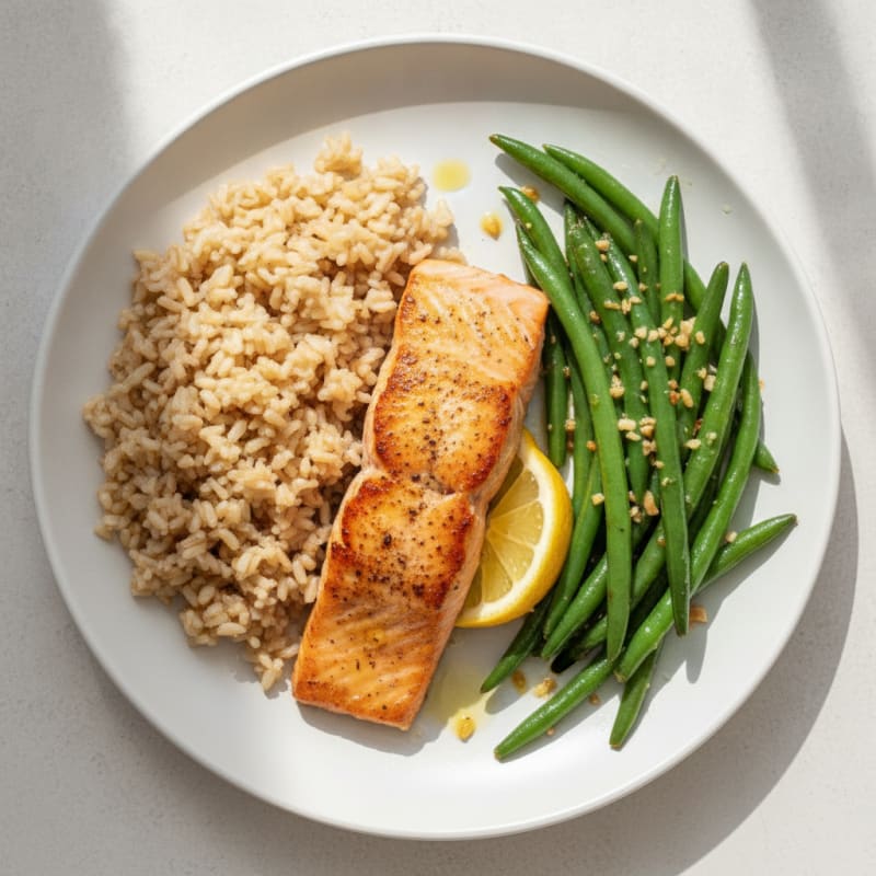 Seared Salmon with Garlic Green Beans and Brown Rice