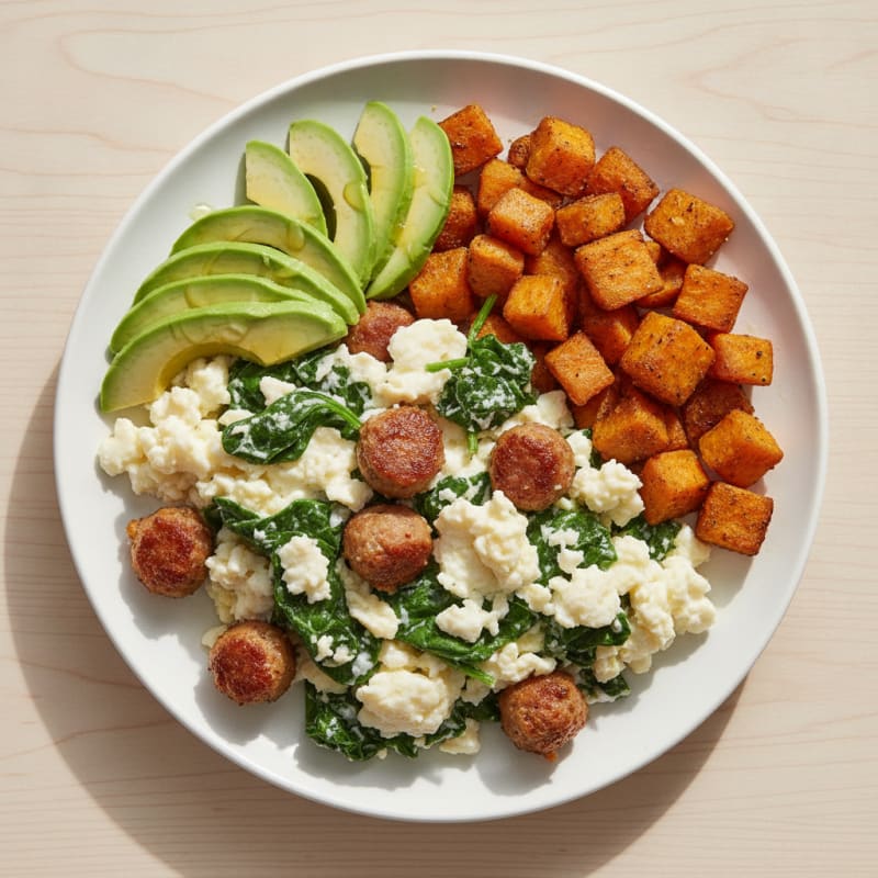 Crispy Chicken Sausage and Egg White Scramble with Spinach