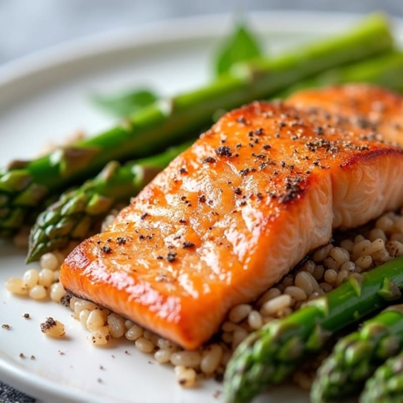 Seared Salmon with Steamed Asparagus and Brown Rice