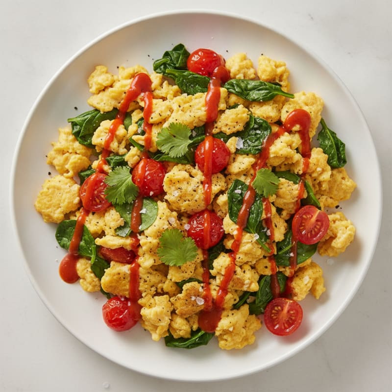 Scrambled Eggs with Sautéed Tomatoes and Greens