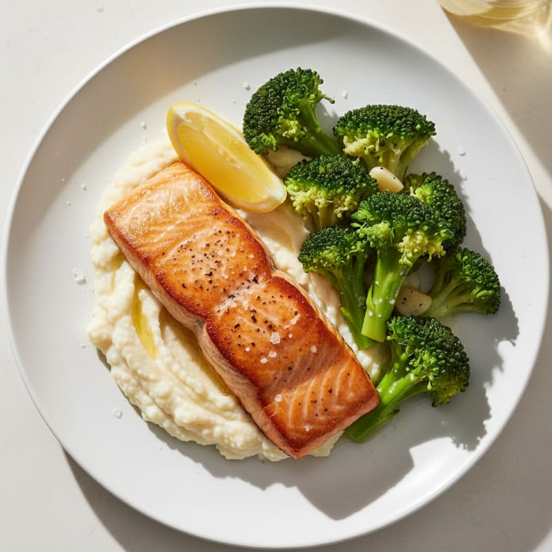 Seared Salmon with Garlic Broccoli and Cauliflower Mash